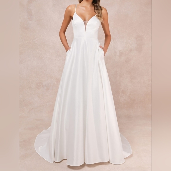 Lulus Exceptional Passion White Satin Cutout Maxi Dress Wedding Gown w Pockets L - Picture 9 of 15